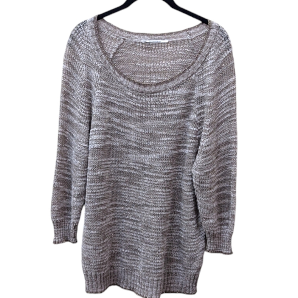 Pomandere Scoop Neck Linen Blend Gold Glitter Trim Taupe Space Dye Sweater (6)